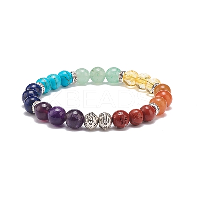 Natural & Synthetic Mixed Stone & Alloy Round Beaded Stretch Bracelet BJEW-JB08572-1
