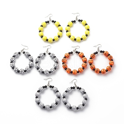 Sport Theme Acrylic Round Beaded Dangle Earrings EJEW-JE04978-1