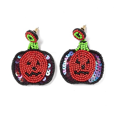 Halloween Pumpkin Glass Seed Braided Dangle Stud Earrings EJEW-B011-04B-1
