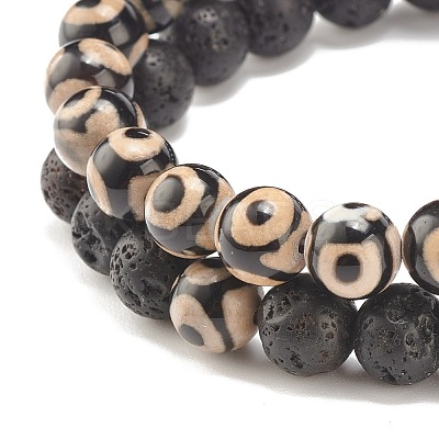 2Pcs 2 Style Natural Tibetan 3-Eye dZi Agate & Lava Rock Mala Bead Bracelets Set BJEW-JB07889-1