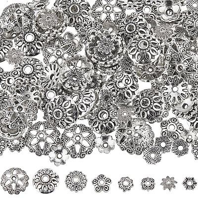 160Pcs 8 Style Tibetan Style Alloy Flower Bead Caps FIND-SC0008-74-1