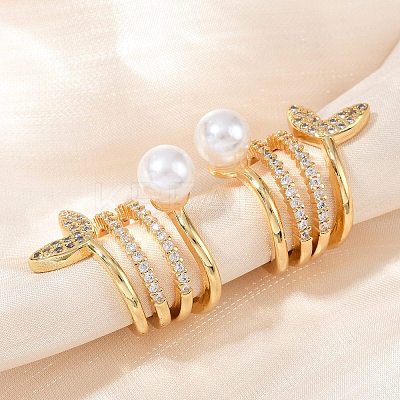 Fishtail Brass Micro Pave Clear Cubic Zirconia Cuff Earrings EJEW-Z111-04G-01-1
