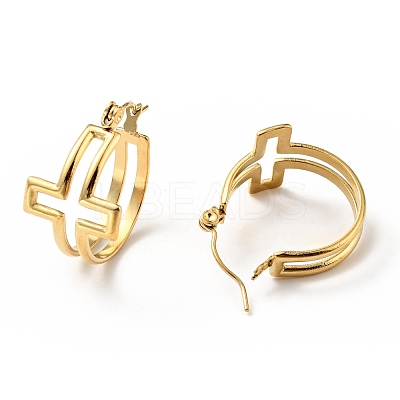 Ion Plating(IP) 304 Stainless Steel Cross Hoop Earrings for Women EJEW-G293-02G-1