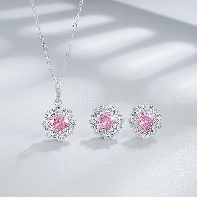 Flower 925 Sterling Silver with Cubic Zirconia Pendant Necklace & Stud Earring FS-WG92113-11-1