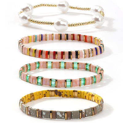 5Pcs Glass Seed Bead & Brass Beads Stretch Bracelets for Women GJ3337-1-1