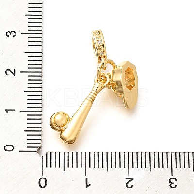 Brass Clear Cubic Zirconia Baseball Bat & Hat European Dangle Charms KK-U048-12G-1