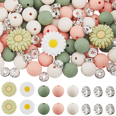 144Pcs 6 Styles Daisy & Round & Rondelle Food Grade Eco-Friendly Silicone Beads SIL-PA0001-15-1