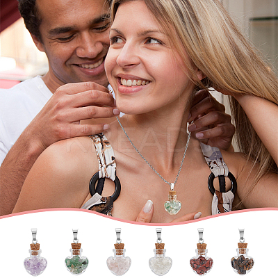 12Pcs 6 Styles Natural Mixed Gemstone Chip Heart Glass Bottle Pendants PALLOY-UN00001-1
