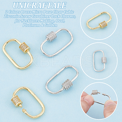 4Pcs 2 Colors Brass Micro Pave Clear Cubic Zirconia Screw Carabiner Lock Charms FIND-UN0004-44-1