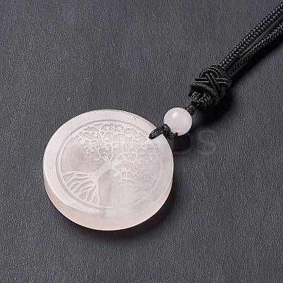 Natural Rose Quartz Flat Round with Tree of Life Pendant Necklace with Nylon Cord for Women NJEW-P274-03-06-1