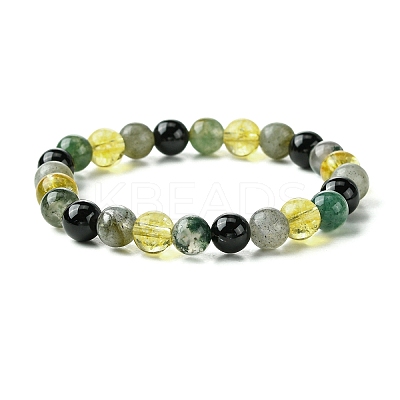 Natural Labradorite & Citrine & Black Onyx(Dyed & Heated) & Moss Agate Round Beaded Stretch Bracelets BJEW-JB10910-06-1