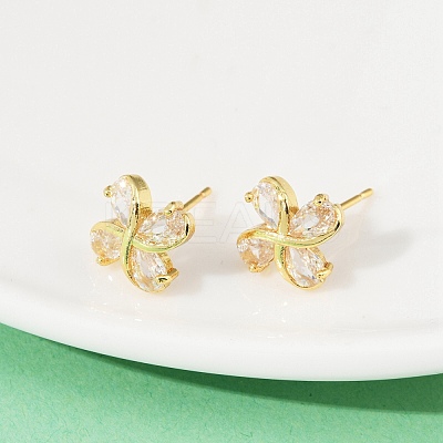 Flower Brass Micro Pave Clear Cubic Zirconia Stud Earrings EJEW-U064-03G-1