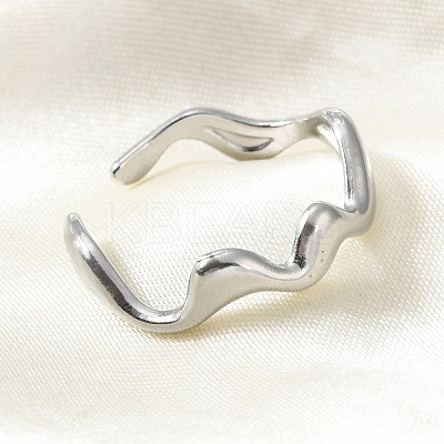 Non-Tarnish 304 Stainless Steel Wave Open Cuff Ring for Women RJEW-C040-02P-1