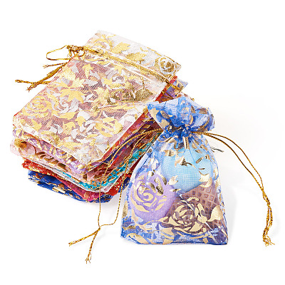 55Pcs 11 Colors Rose Printed Organza Drawstring Bags OP-TA0001-15C-1