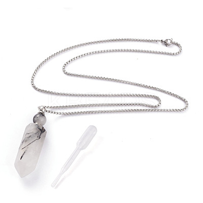 Natural Tourmalinated Quartz/Black Rutilated Quartz Openable Perfume Bottle Pendant Necklaces NJEW-H216-06P-1