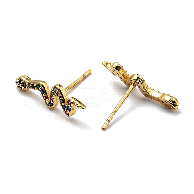 Left and Right Rack Plating Brass Snake Stud Earrings with Cubic Zirconia EJEW-D061-62G-1