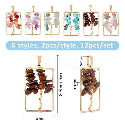 12Pcs 6 Styles Natural Mixed Gemstone Chip Copper Wire Wrapped Tree of Life Pendants PALLOY-FH00046-1