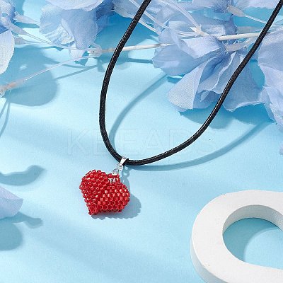 3D Heart Glass Seed Beads Pendant Necklaces NJEW-MZ00046-03-1