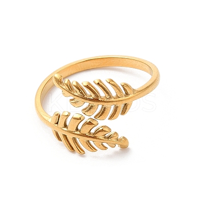 Ion Plating(IP) 304 Stainless Steel Leaf Open Cuff Ring for Women RJEW-K245-40G-1