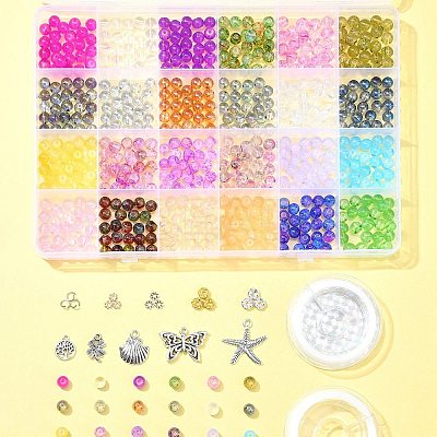 DIY Round Glass Imitation Opalite Beads & Alloy Pendants Bracelets Making Kits DIY-FS0006-39-1