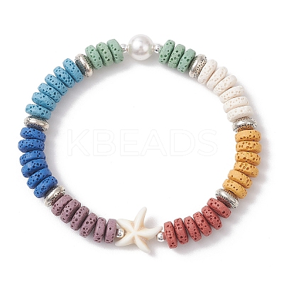 Flat Round Natural Lava Rock & Shell Pearl Beaded Stretch Bracelets for Women BJEW-JB12141-02-1