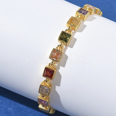 Square Brass Pave Cubic Zirconia Link Chain Bracelets for Women BJEW-P385-04G-1