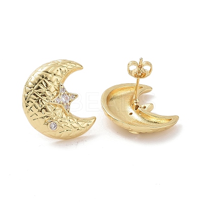 Clear Cubic Zirconia Moon with Star Stud Earrings EJEW-G339-07G-1