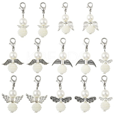 14Pcs 7 Styles ABS Plastic Imitation Pearl & Alloy Pendant Decorations HJEW-FS00042-02-1