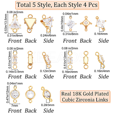 20Pcs 5 Styles Brass Clear Cubic Zirconia Connector Charms KK-BBC0002-19-1