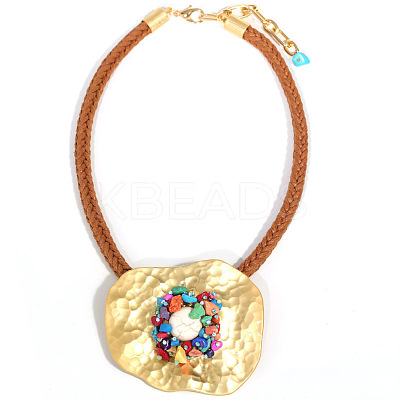 Irregular Flat Round Alloy & Synthetic Turquoise Chips Pendant Necklaces & Round Bead Dangle Earrings Sets FS-WGD0E4F-01-1