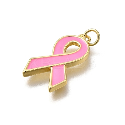 October Breast Cancer Pink Awareness Ribbon Brass Enamel Pendants KK-S517-04F-G-1