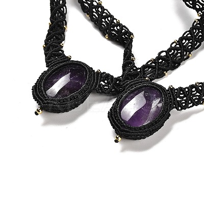 Natural Amethyst Oval Pendant Necklace NJEW-K258-01E-1