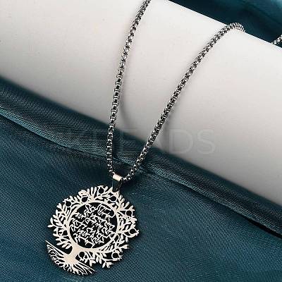 201 Stainless Steel Hollow Tree of Life Pendant Box Chain Necklaces NJEW-M086-04P-1