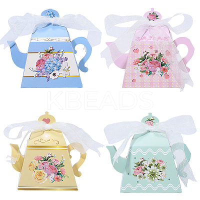 12Pcs 4 Styles Flower Printed 3D Teapot Shaped Paper Candy Gift Boxes with Ribbon DIY-SP0006-38-1