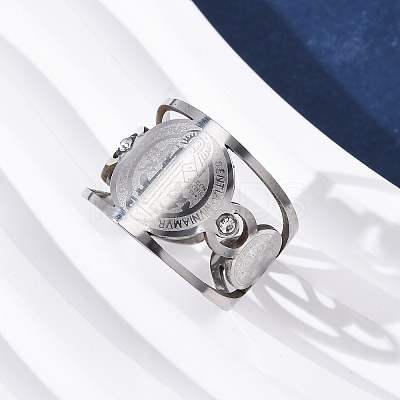 304 Stainless Steel Rhinestone Saint Benedict Open Cuff Rings LS-RJEW-M069-01P-1