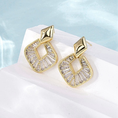 Rhombus Brass Micro Pave Clear Cubic Zirconia Dangle Stud Earrings EJEW-F373-02G-1