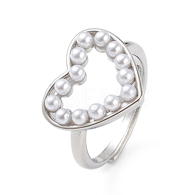 Plastic Pearl Hollow Out Heart Adjustable Ring RJEW-L100-012P-1