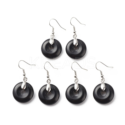 Natural Obsidian Donut Dangle Earrings EJEW-G300-01P-06-1