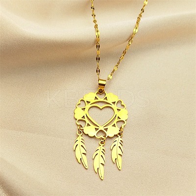Woven Net/Web with Feather 201 Stainless Steel Boho Pendant Necklaces for Women NJEW-G087-01G-1
