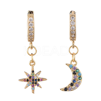 Star and Moon Asymmetrical Dangle Hoop Earrings EJEW-JE04031-01-1