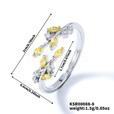 Exquisite Brass Cubic Zirconia Willow Leaf Cuff Rings for Women UN6923-8-1