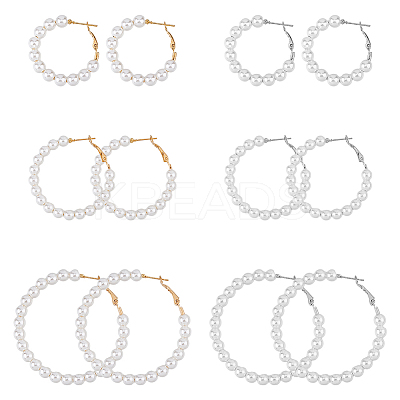 6 Pairs 6 Style Plastic Imitation Pearl Beaded Hoop Earrings with Iron Pins for Women EJEW-FI0002-10-1