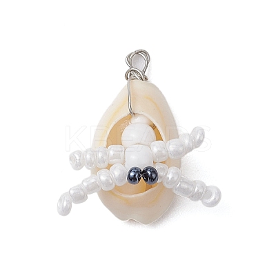 Natural Cowrie Shell & Glass Seed Beads Pendants PALLOY-MZ00323-1