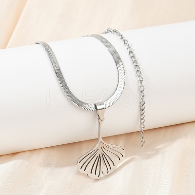 Ginkgo Leaf 201 Stainless Steel Herringbone Chains Pendant Necklaces NJEW-K253-36P-1