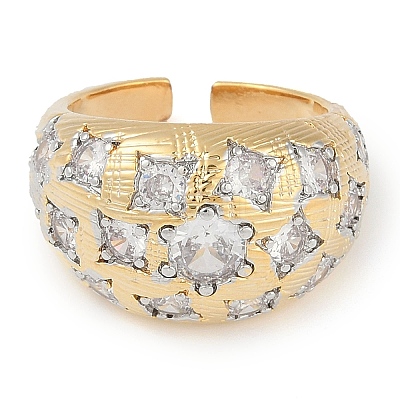 Flower Brass Micro Pave Clear Cubic Zirconia Open Cuff Ring for Women RJEW-Q819-23G-1