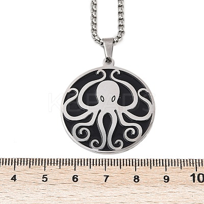 201 Stainless Steel Black Enamel Flat Round with Octopus Pendant Necklaces LS-NJEW-K283-31P-1