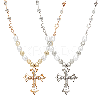 2Pcs 2 Colors Rhinestone Cross Fleury Pendant Necklace with Plastic Beaded Chains NJEW-AN0001-77-1
