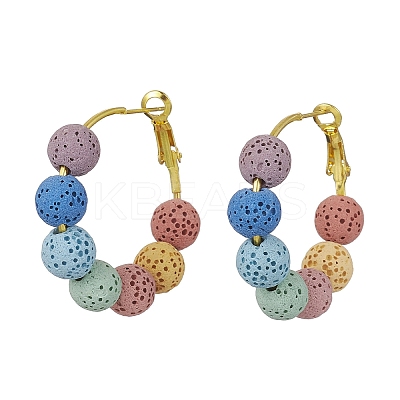 Dyed Natural Lava Rock Round Beaded Hoop Earrings EJEW-JE05588-1