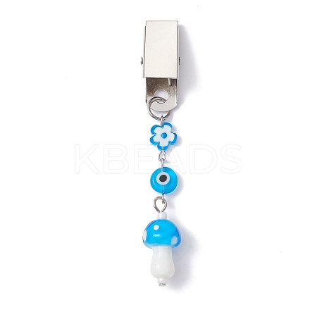 Iron ID Card Clips with Handmade Lampwork Mushroom & Evil Eye JEWB-BR00126-02-1