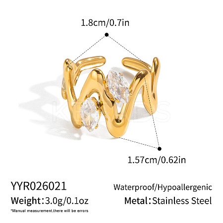 Irregular 304 Stainless Steel Cubic Zirconia Cuff Open Rings for Women RA2180-7-1